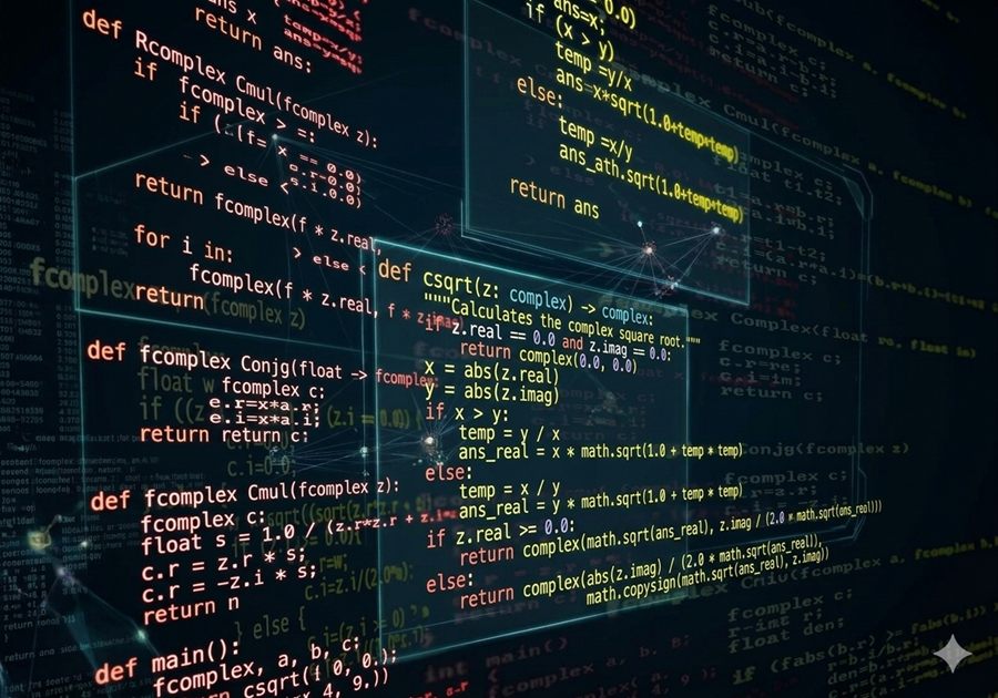Floating panels of Python code representing Node.js application development